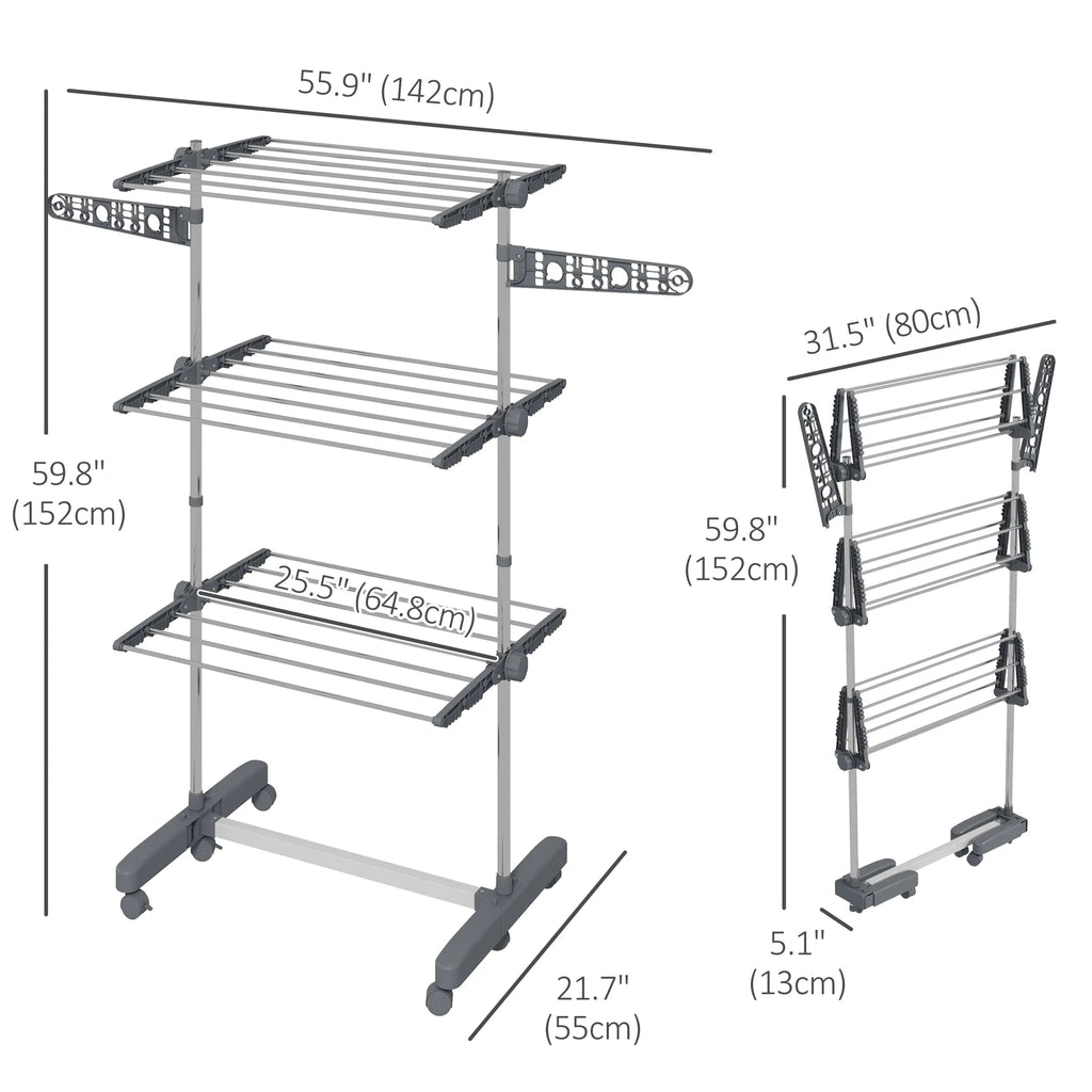 3 Tier Foldable Clothes Drying Rack Stainless Steel Laundry Rack with 2 Side