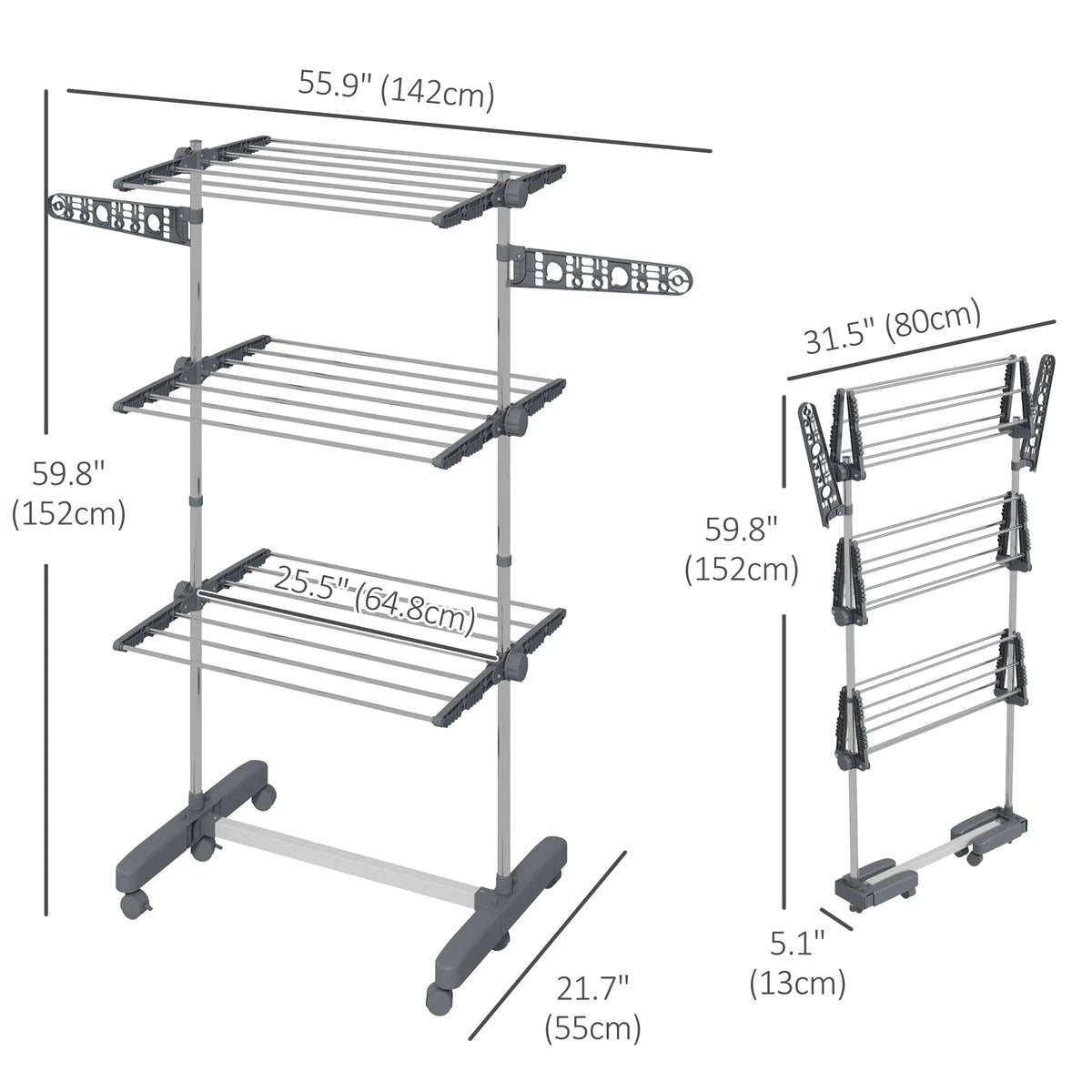 3 Tier Foldable Clothes Drying Rack Stainless Steel Laundry Rack with 2 Side