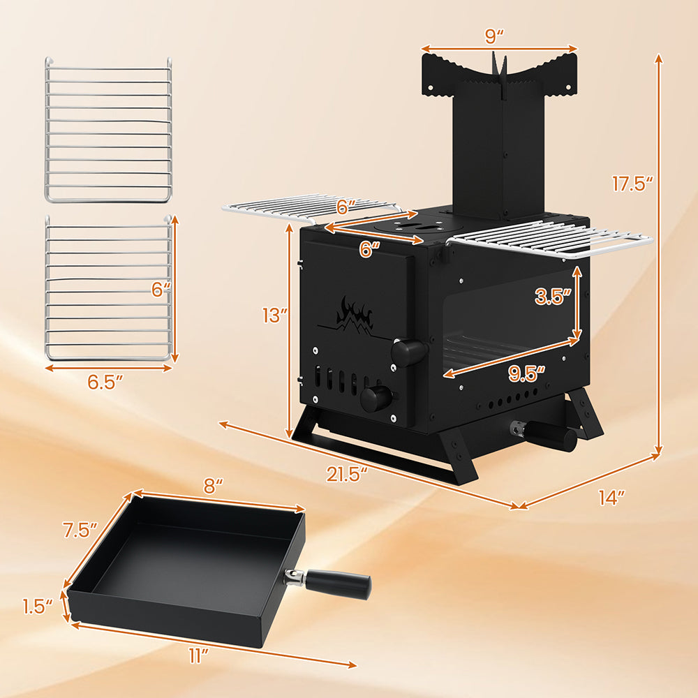 Portable Wood Burning Stove Mini Heater Burner With Pot Rack Oven Pan - Image 9
