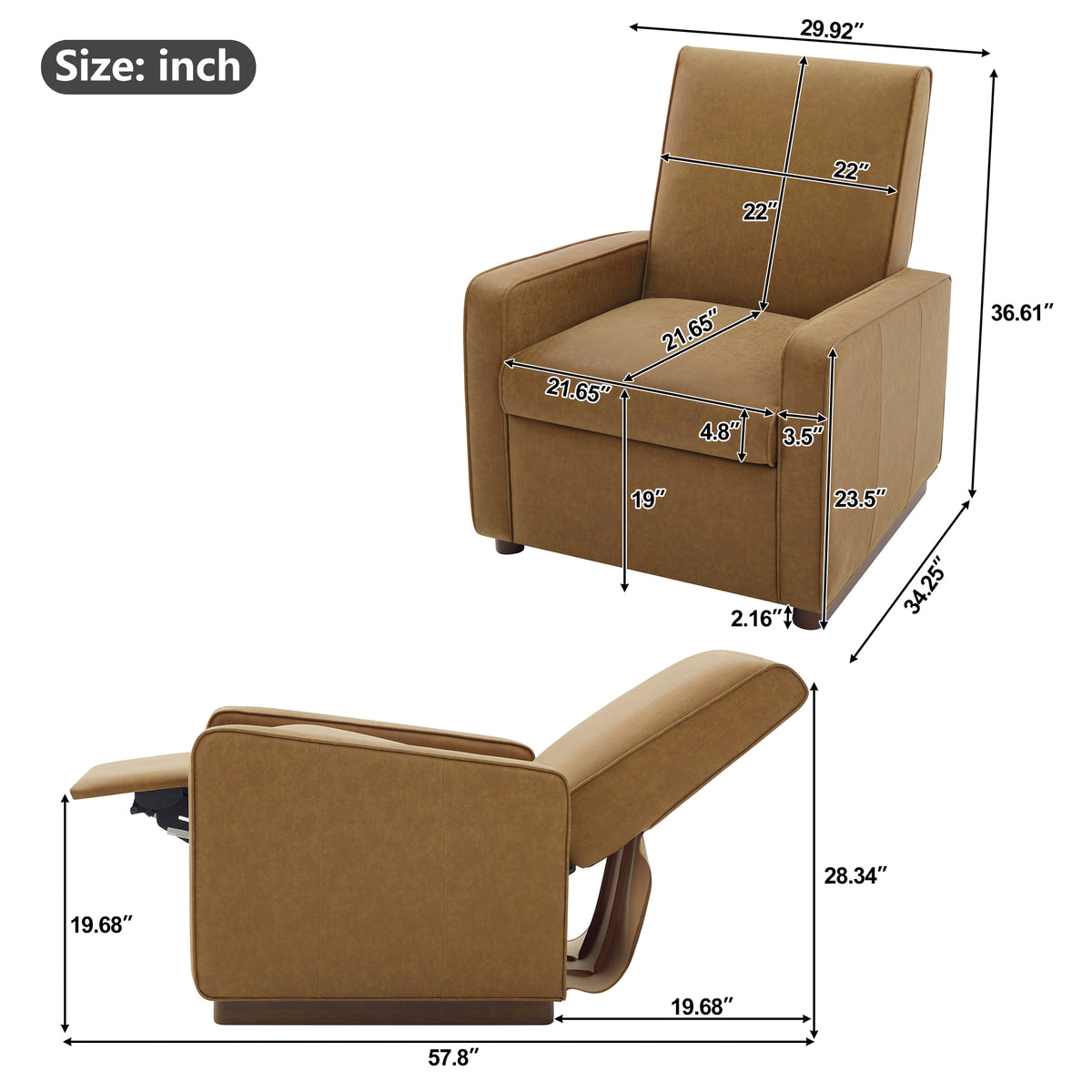 Modern Manual Recliner Chair PU Upholstered 2 Position Recliner with 160°