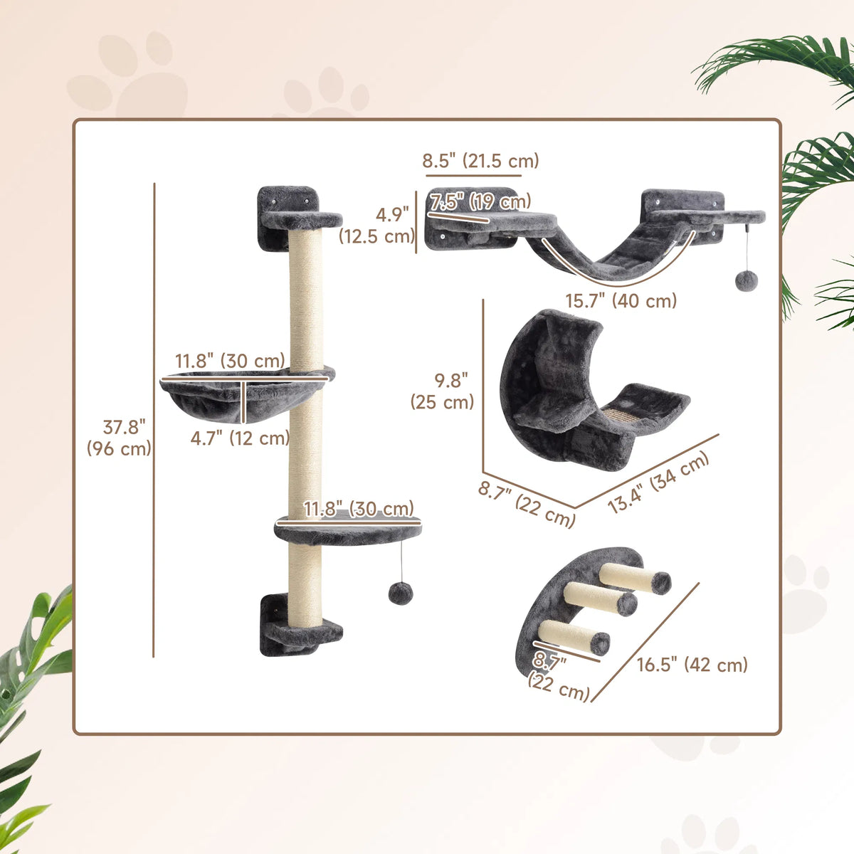 Cat Wall Shelf with Scratching Post Play Balls Platforms Dark Grey - Image 5