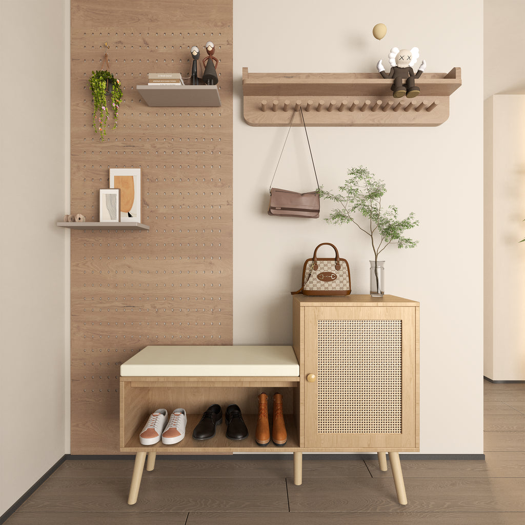 Rattan Shoe Storage Bench with Removable Cushion