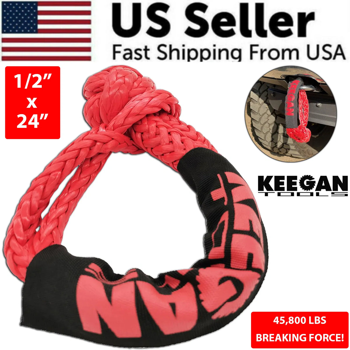1/2" x 24" 65 000LBS Soft Shackle Recovery Rope For SUV Winch Snatch Off Road US
