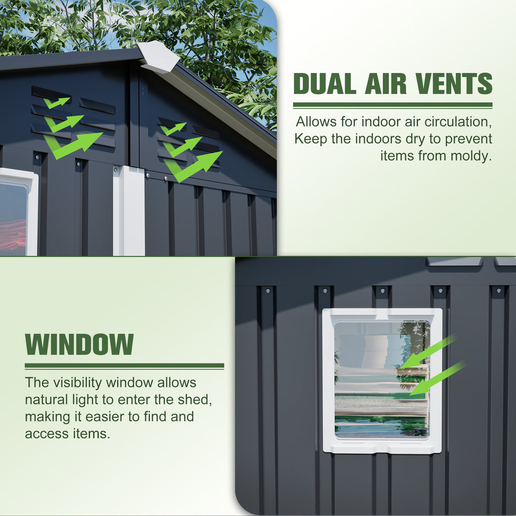 6x4ft metal outdoor storage shed with gable roof and double doors in dark gray - angle 4 detail