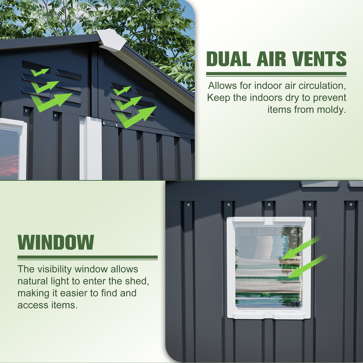 6x4ft metal outdoor storage shed with gable roof and double doors in dark gray - angle 4 detail
