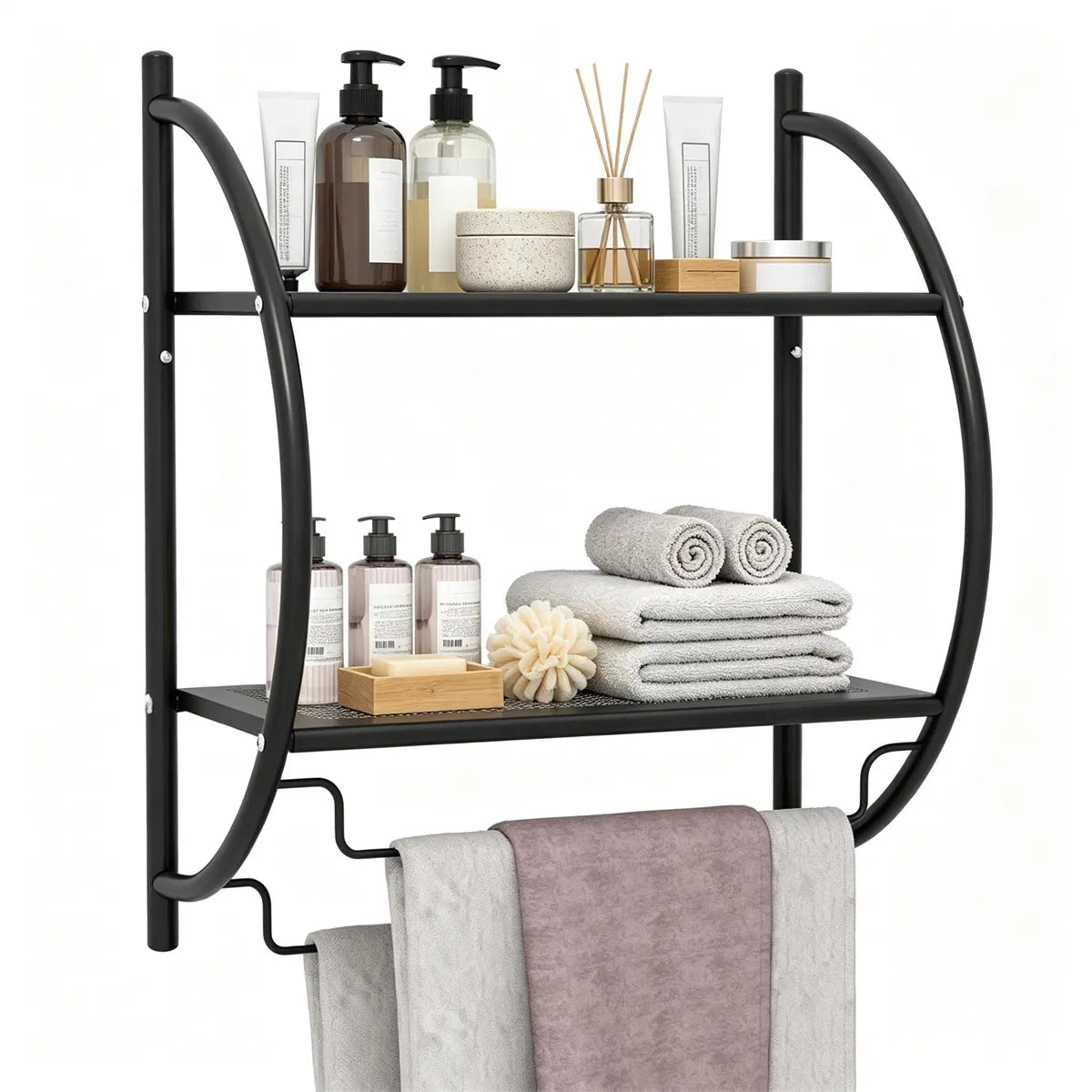 Black Rust Proof Wall Bathroom Shelving Unit With Dual Hanging Bars
