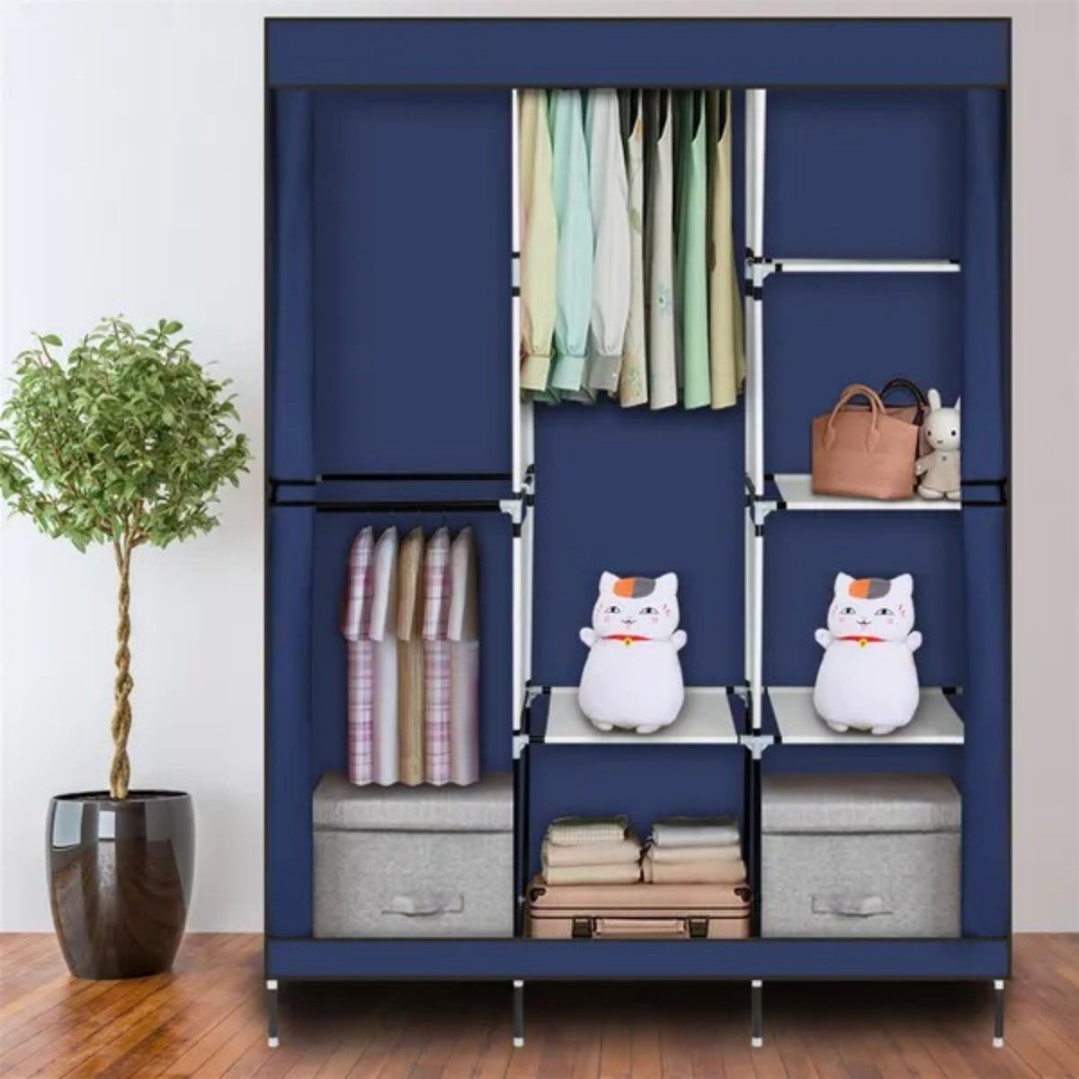 navy portable closet wardrobe with shelves