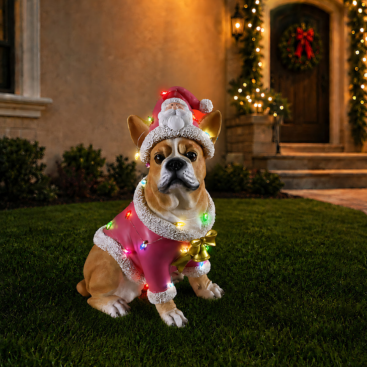 Christmas French Bulldog Statue Holiday Dog Figurine in Pink Santa Outfit - Image 3