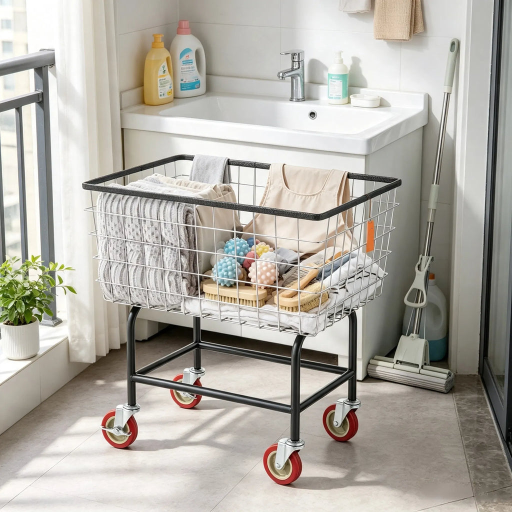 Wire Laundry Cart 2.8 Bushel Wire Laundry Basket with Wheels 26.7" x 21.7" x - Image 3