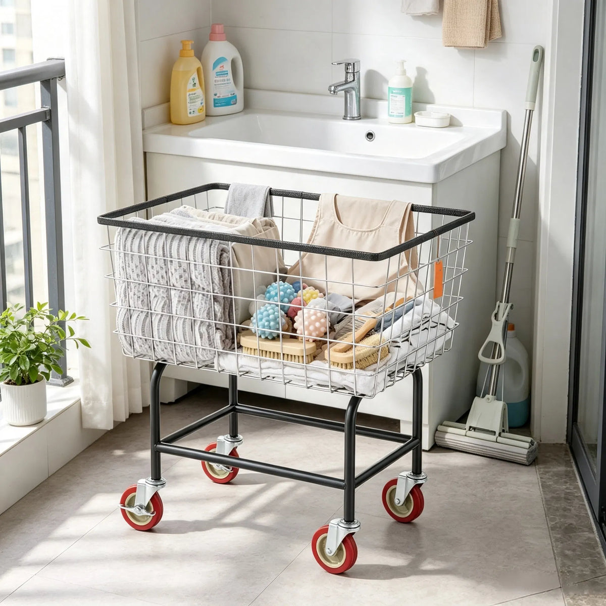 Wire Laundry Cart 2.8 Bushel Wire Laundry Basket with Wheels 26.7" x 21.7" x - Image 3