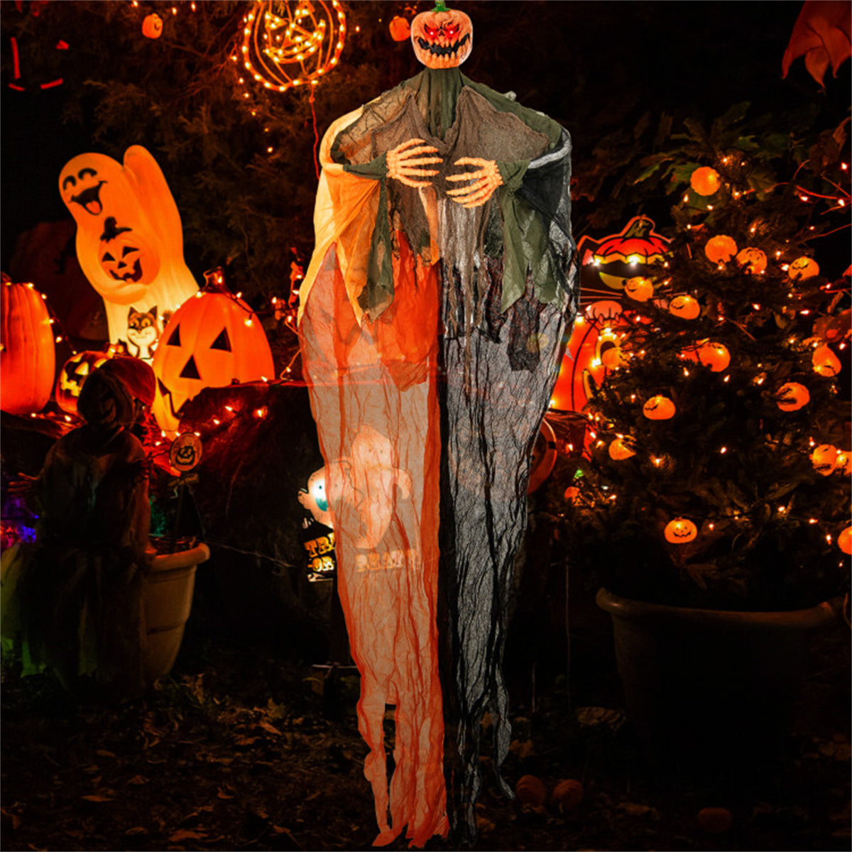 6FT Halloween Hanging Pumpkin Ghost With Red LED Eyes Poseable Arms Scary - Image 5