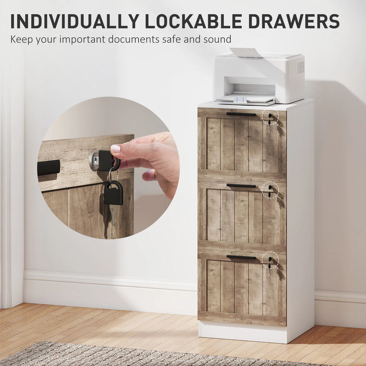 3 Drawer Filing Cabinet Farmhouse File Cabinet with Lock Adjustable Hanging - Image 2