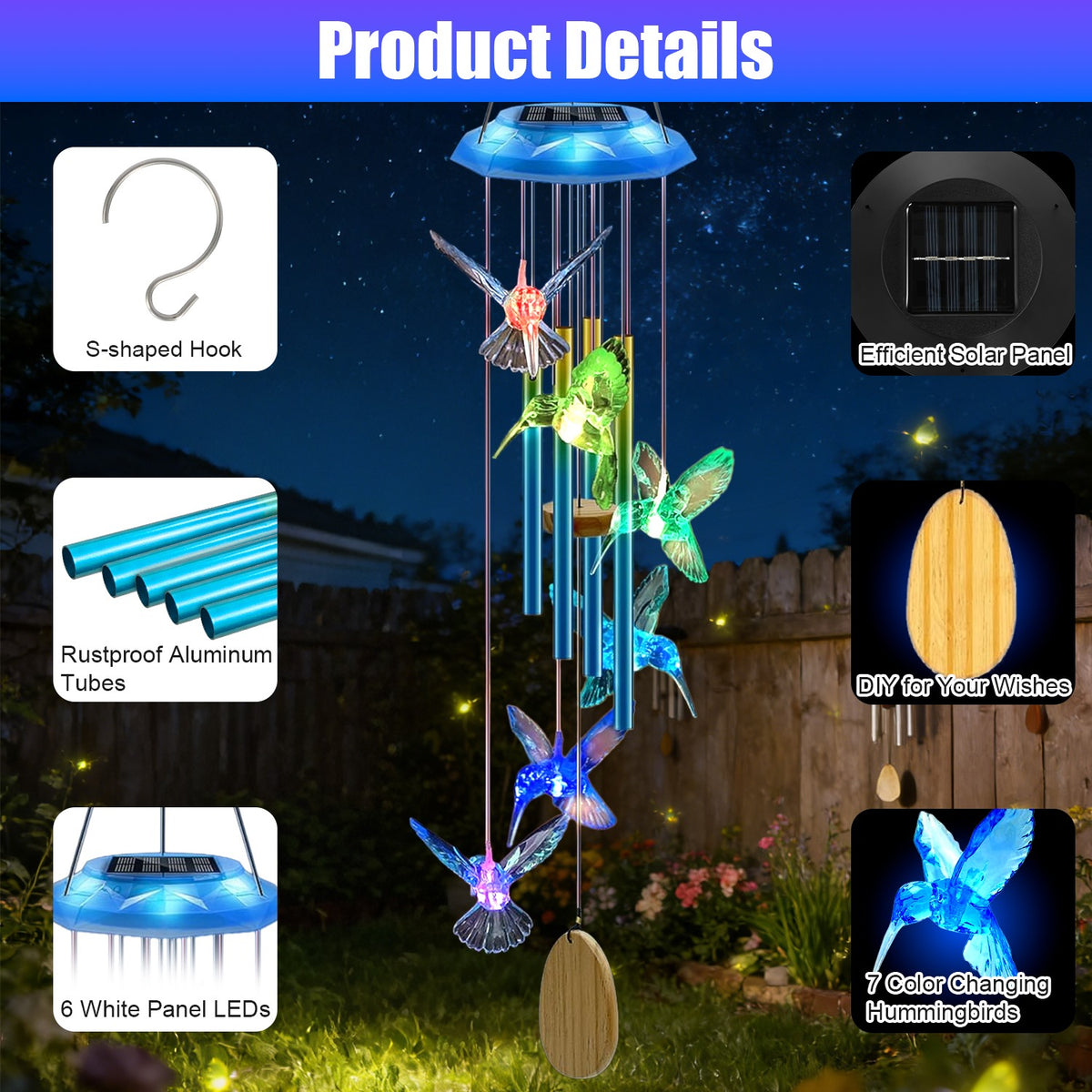 1Pc Solar Butterfly Wind Chime With Aluminum Tubes 7 Color Changing Wind Chime - Image 2