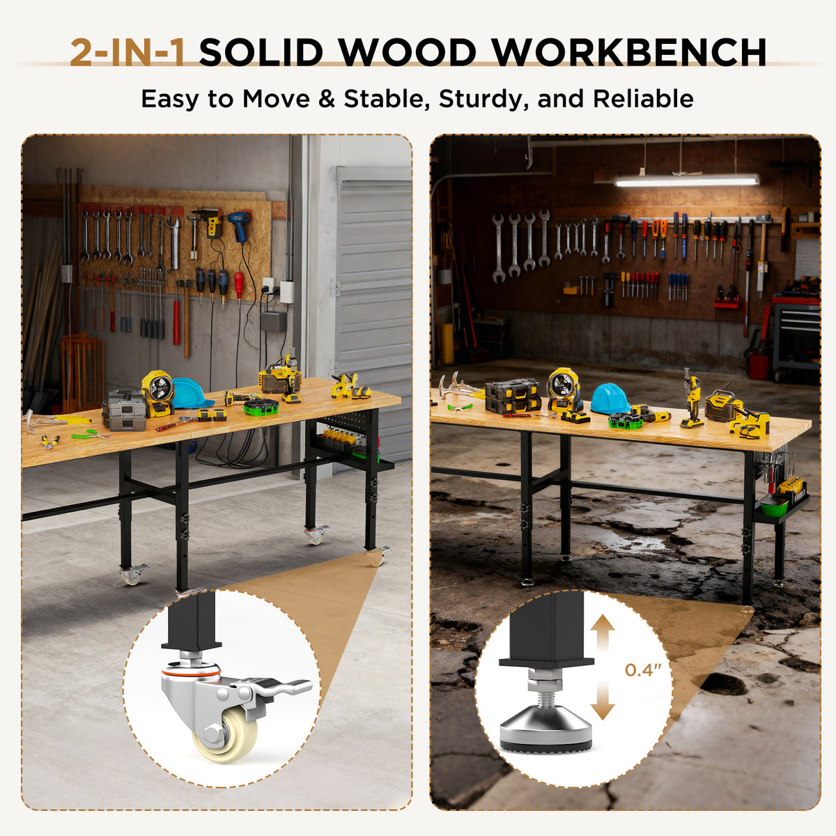 96 Inch Adjustable Workbench with Side Pegboard and Solid Wood Top - Additional Product View 5