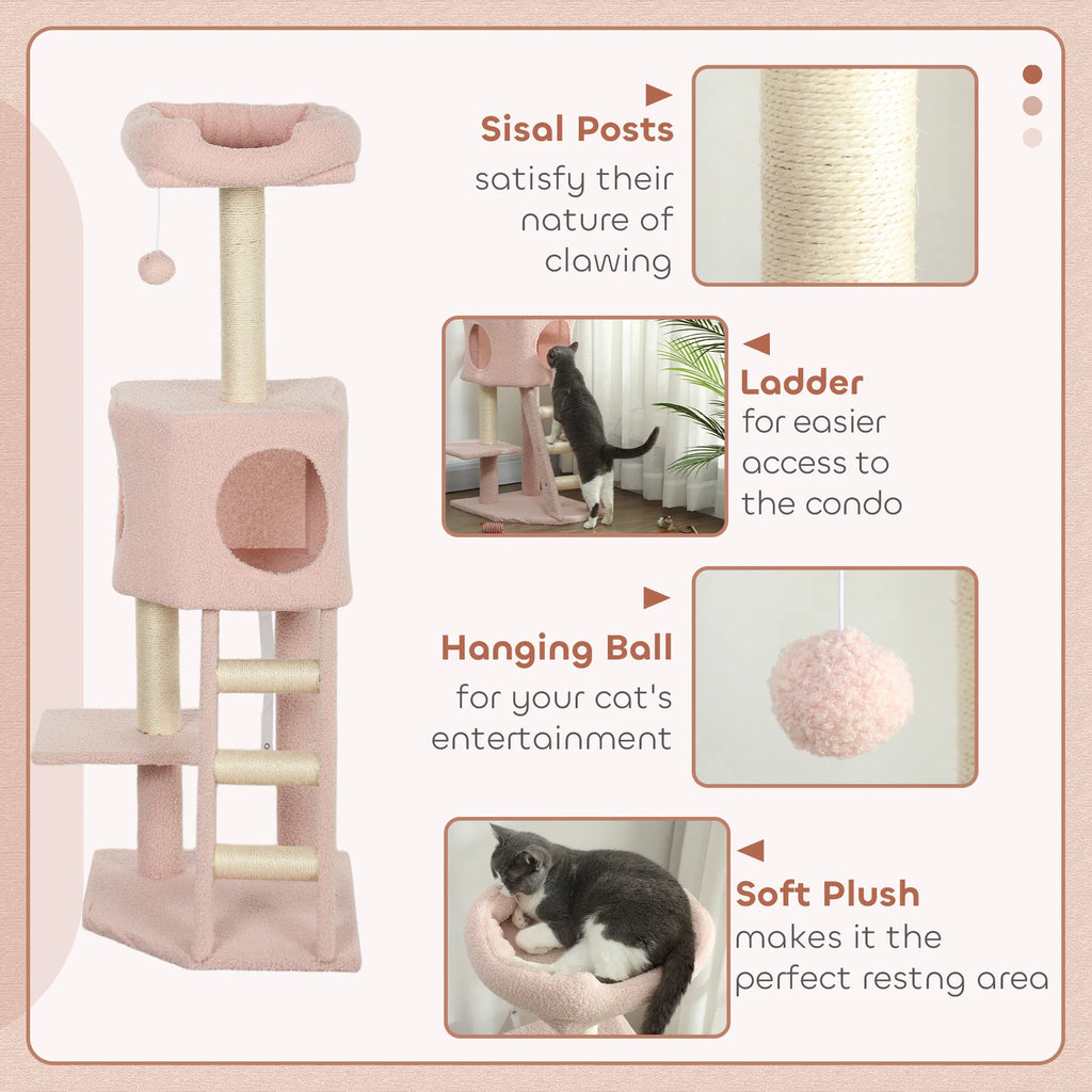 47" Tall Cat Tree Tower with Condo Ladder Scratching Posts and Hanging Ball Pink - Image 3