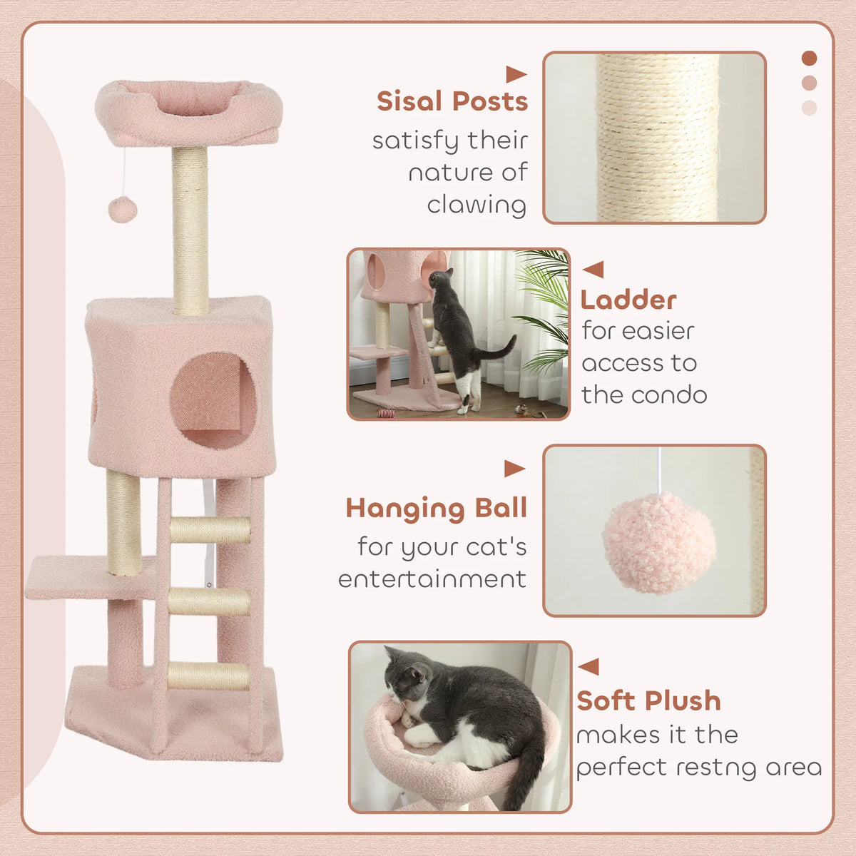 47" Tall Cat Tree Tower with Condo Ladder Scratching Posts and Hanging Ball Pink - Image 3