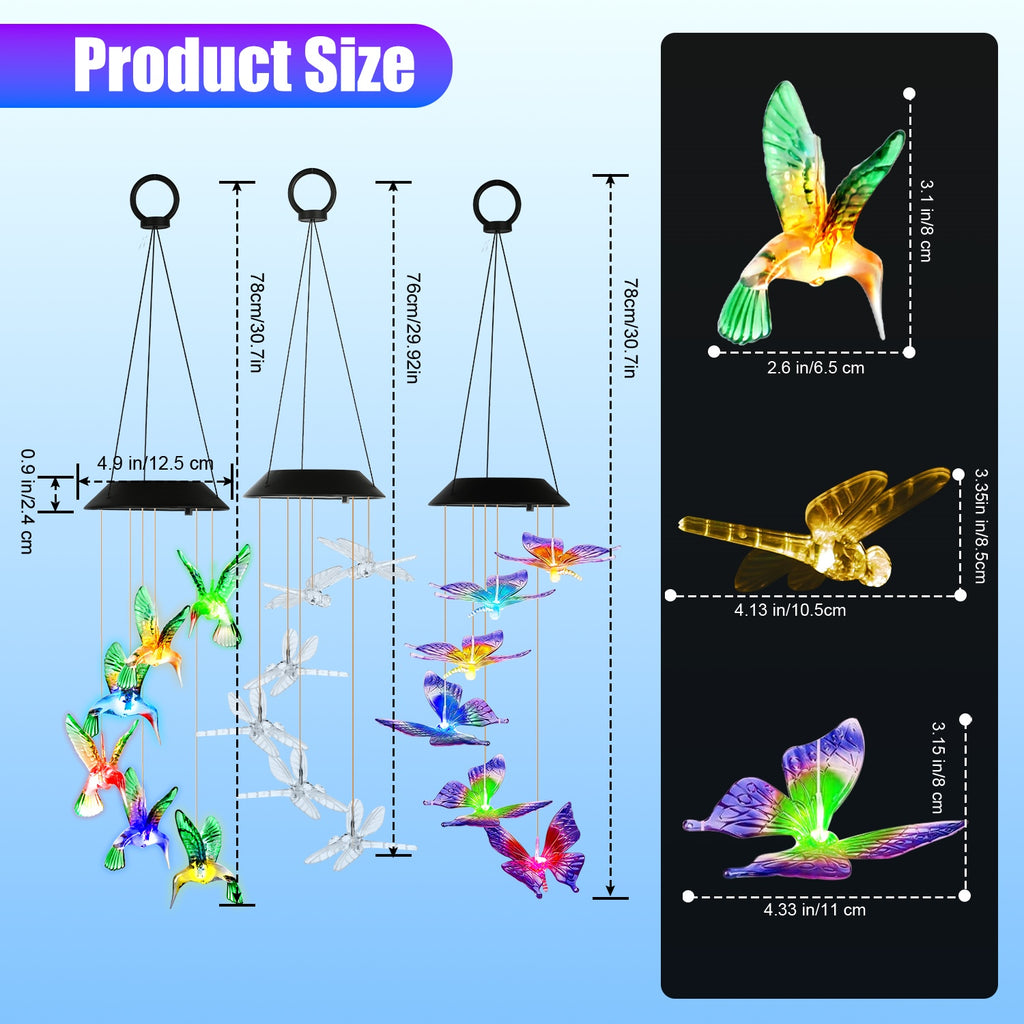 3Pack Solar Hummingbird Butterfly Dragonfly Wind Chimes 7 Color Changing Wind - Image 3