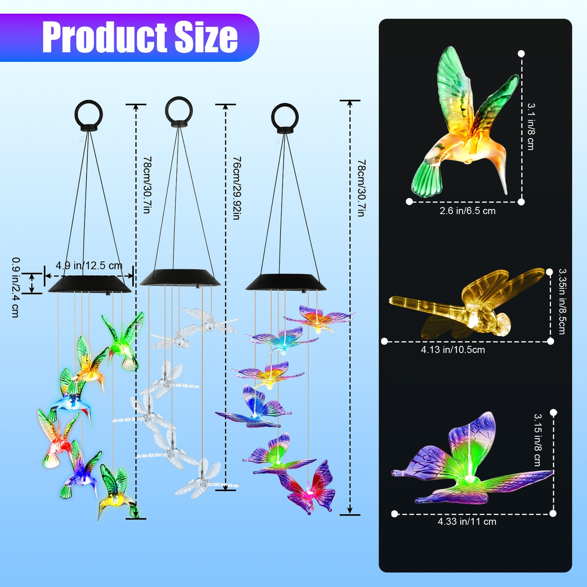 3Pack Solar Hummingbird Butterfly Dragonfly Wind Chimes 7 Color Changing Wind - Image 3