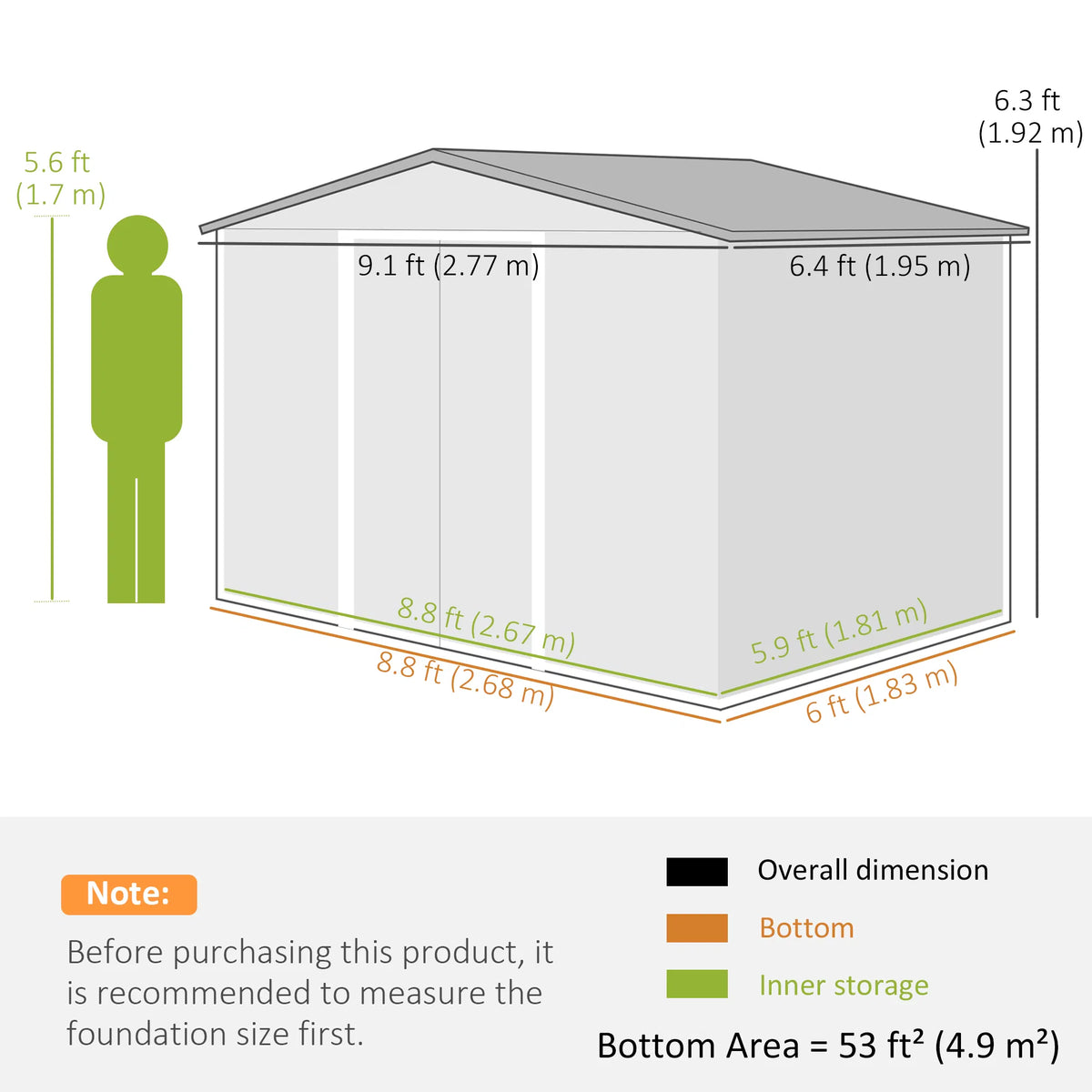9x6 Galvanized Steel Ventilated Garden Storage Shed with Double Doors
