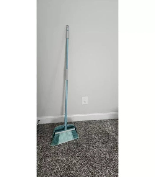 Angle Floor Broom With Clip on Dust Pan Set: Steel Handle Soft Grip Hanging Loop - Image 3