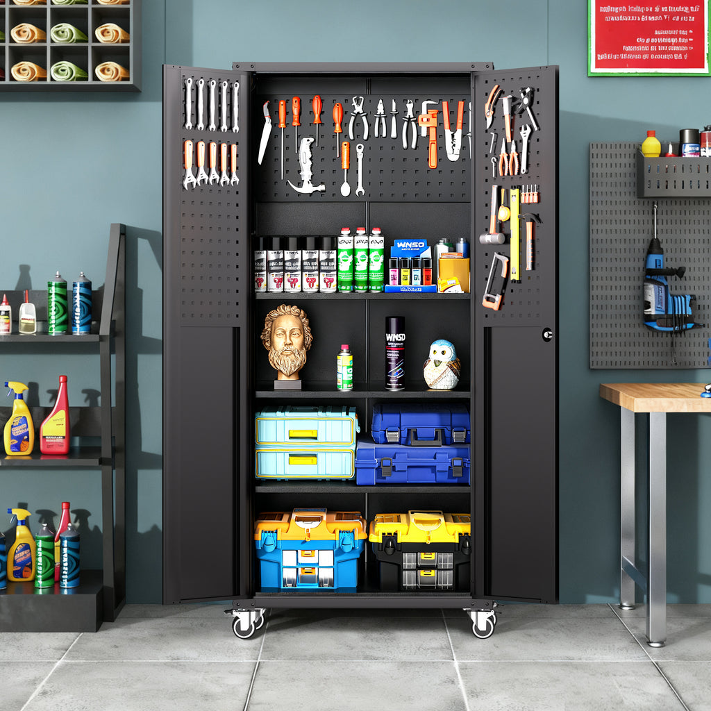 71 All Black Metal Garage Storage Cabinet With Wheels Heavy Duty Tool Storage - Image 4