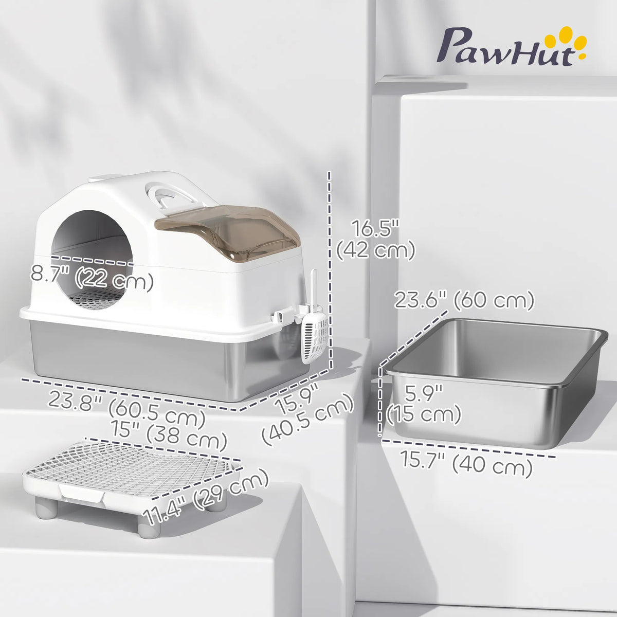 Extra Large Stainless Steel Cat Litter Box w/ High Sided Removable Lid Mats - Image 2