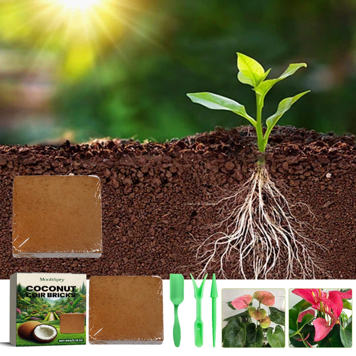 MOONSPRY Coconut Coir Brick and Mini Tool Set 60 g Coir Brick with 3 Mini Tools - Image 4