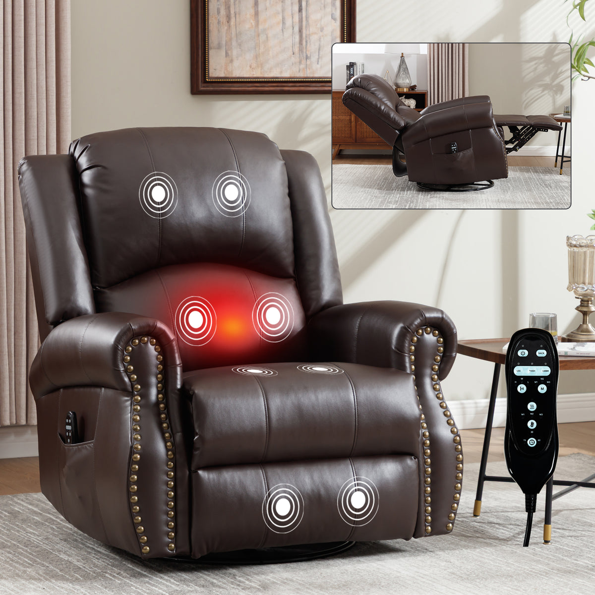 Heat Massage Manual Recliner Chair with Rocker and Swivel in Fabric for Living - Image 3