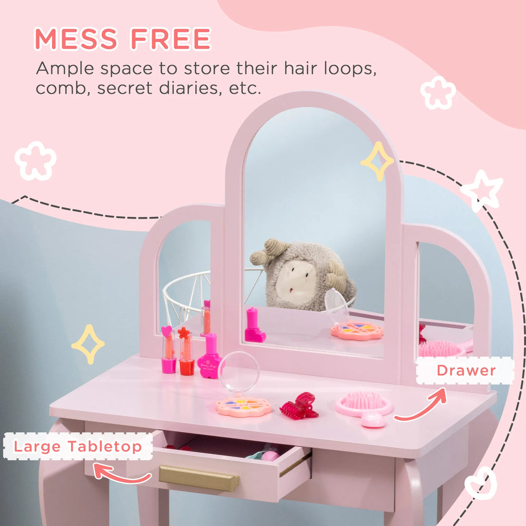 Kids Dressing Table and Chair Set Girls Dressing Set Makeup Desk with Drawer