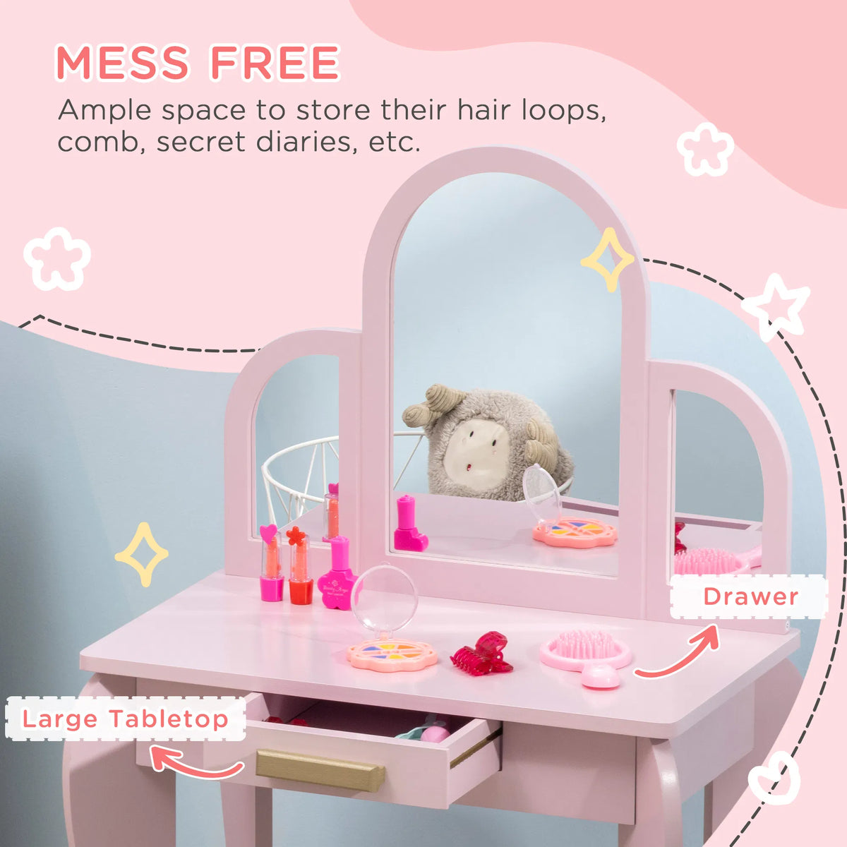 Kids Dressing Table and Chair Set Girls Dressing Set Makeup Desk with Drawer