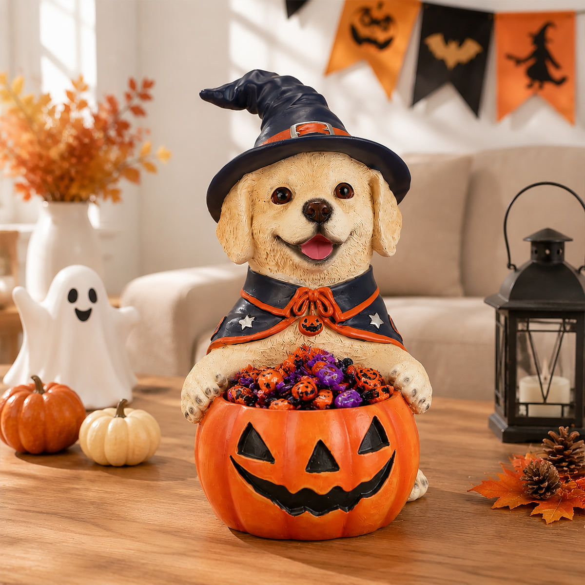 Halloween Labrador Retriever Witch Puppy Figurine Cute Dog Holding Pumpkin - Image 3