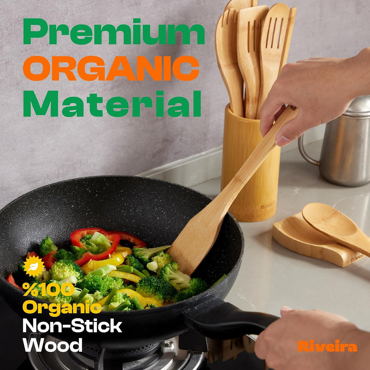 Bamboo Cooking Spoons Piece Set Wooden Kitchen Utensils With Spatulas Durable - Angle and Detail View