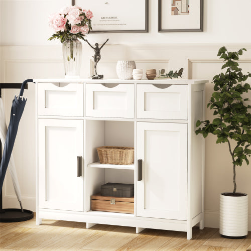 White Wooden Floor Storage Cabinet with Drawers and Shelves