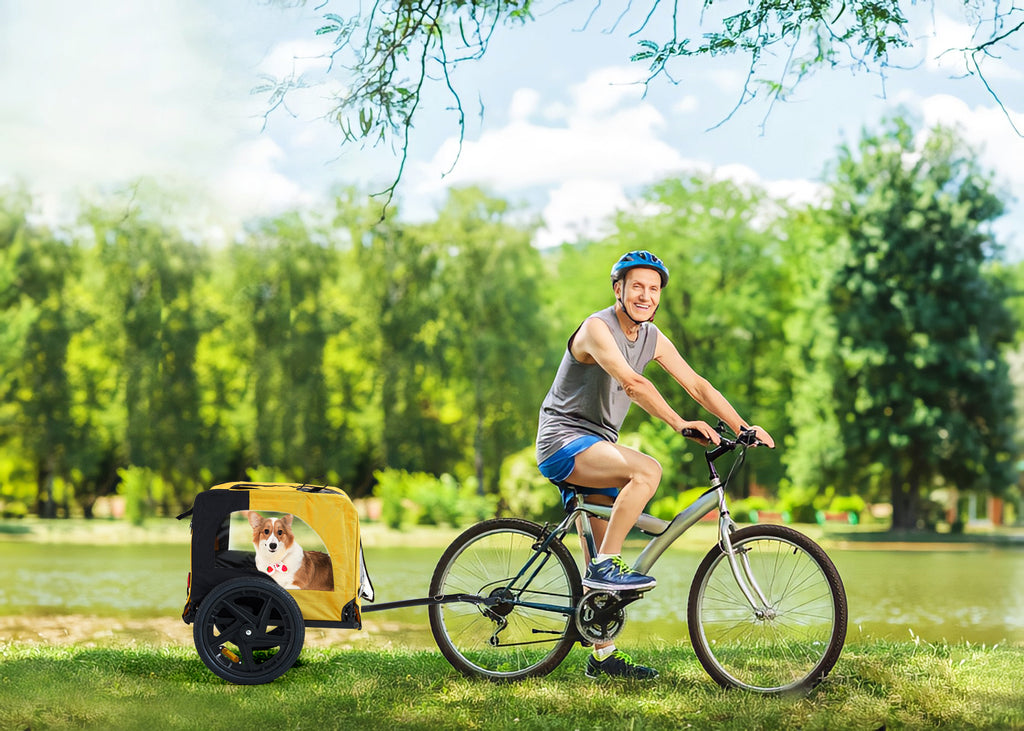 Dog riding inside yellow foldable bike trailer