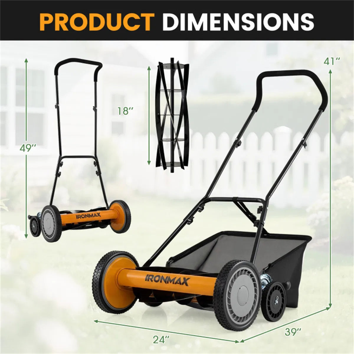 18 Inch 5 Blade Push Reel Lawn Mower with Grass Catcher Manual Walk Behind - Image 3