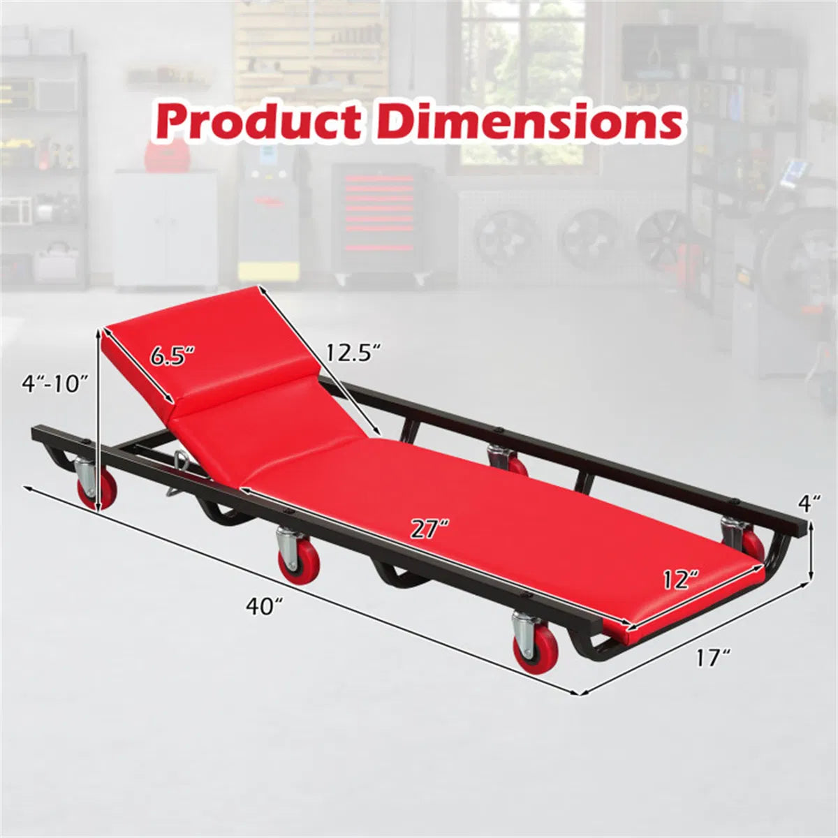 4 Level Adjustable Backrest Mechanic Rolling Creeper Heavy Duty 6 Swivel