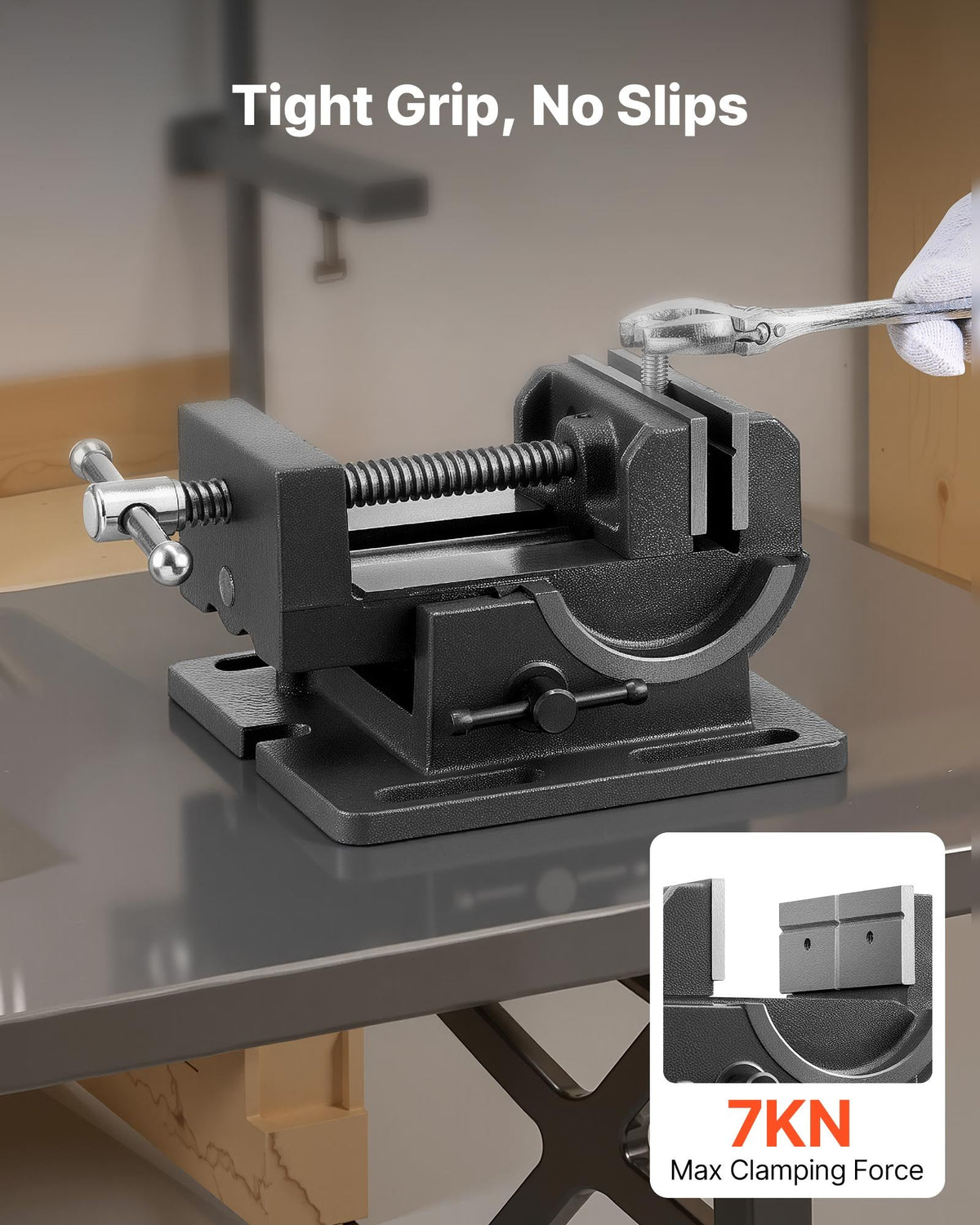 Tilting Vise 2.5 Inch Jaw Width Portable Drill Press Bench 0 90° Adjustable - In-Use and Feature Display