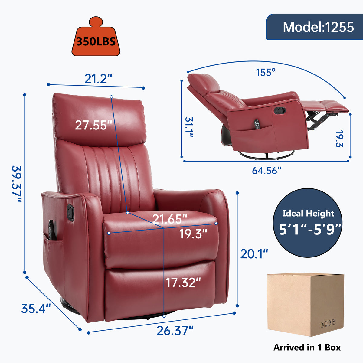 Red Faux Leather Heat Massage Manual Recliner Chair with Rocker and Swivel for - Image 5