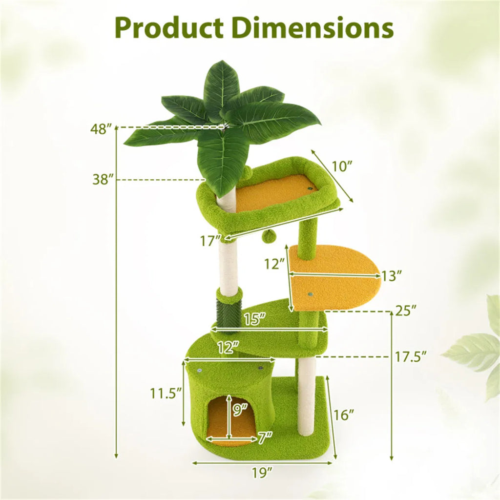 48" Cat Tree with Tropical Leaves Self Groomer & Scratching Posts
