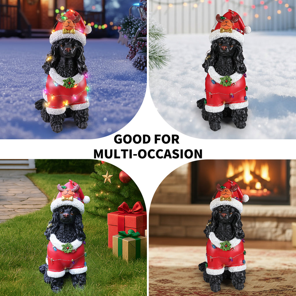 Christmas Black Poodle Statue Holiday Dog Figurine in Red Santa Outfit