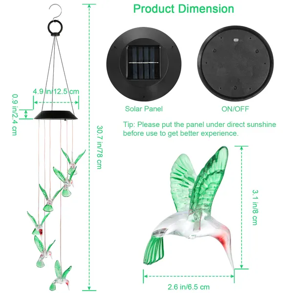 LED Solar Hummingbird Wind Chime Solar String Lights 6 LEDs Color - Image 2