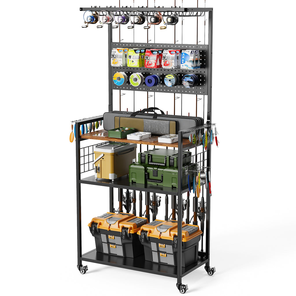 Fishing Rod Storage Rack With Pegboard Rolling Tackle Organizer Cart - Image 5