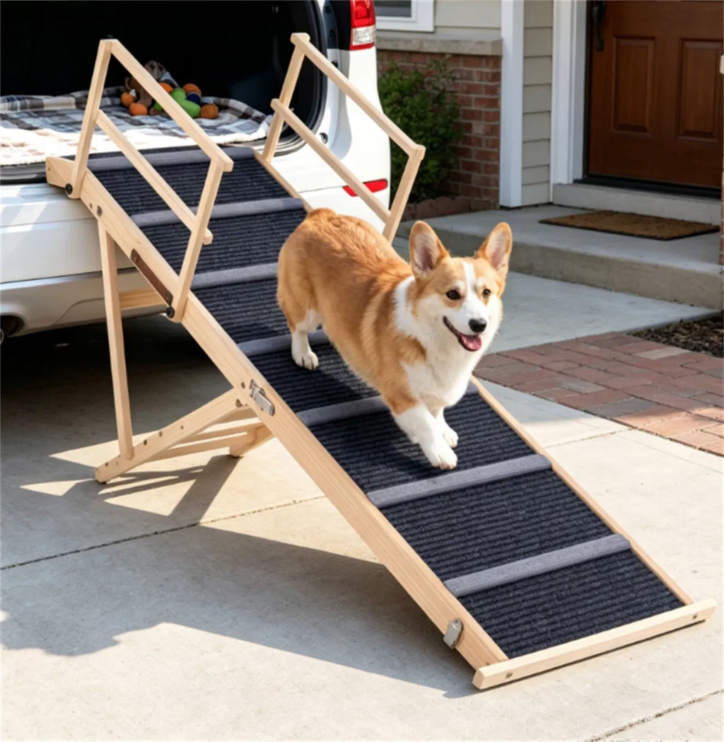 6 Level Adjustable Foldable Pet Ramp Solid Pine Wood Non Slip Dog Stairs with - Image 4