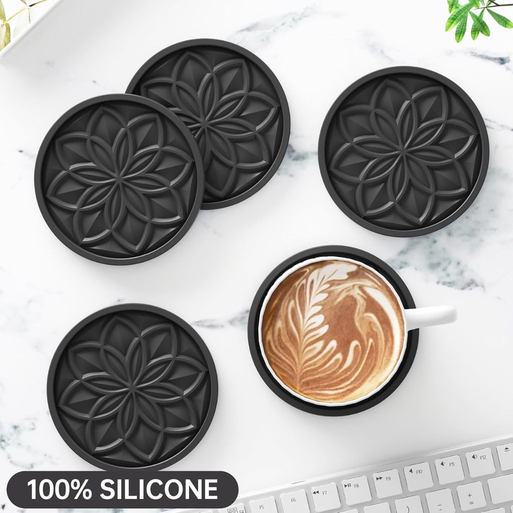 6 Pack Silicone Drink Coasters With Holder For Coffee Table Bar Desk Non Slip - Image 3