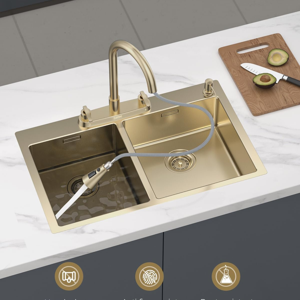 Handle Kitchen Faucet With Pull Down Sprayer Brushed Gold 4 Holes Sink Faucets - Image 4