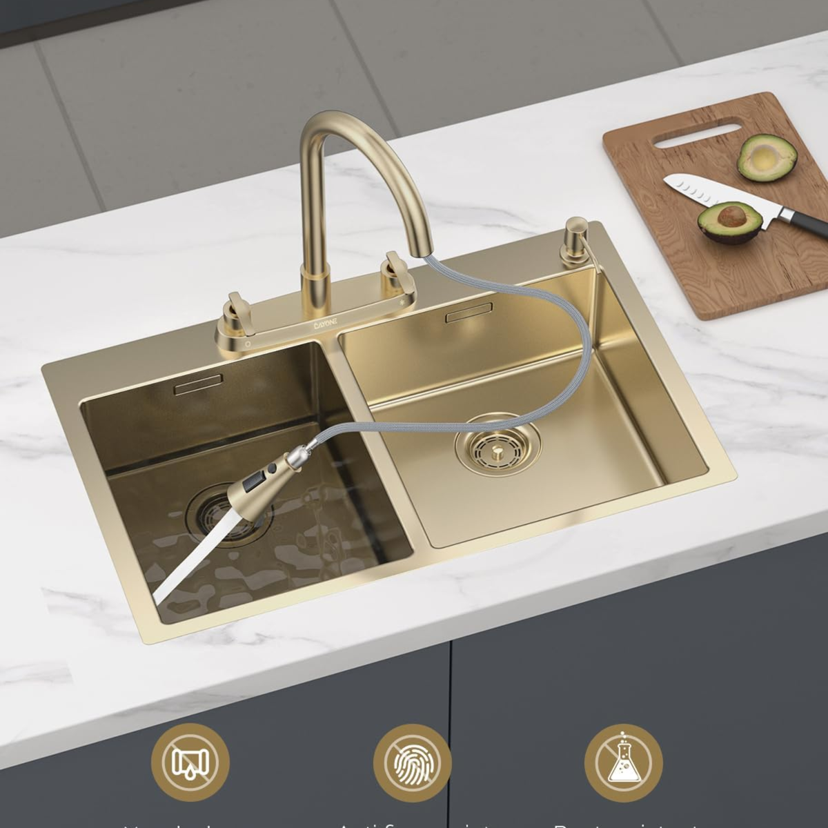 Handle Kitchen Faucet With Pull Down Sprayer Brushed Gold 4 Holes Sink Faucets - Image 4