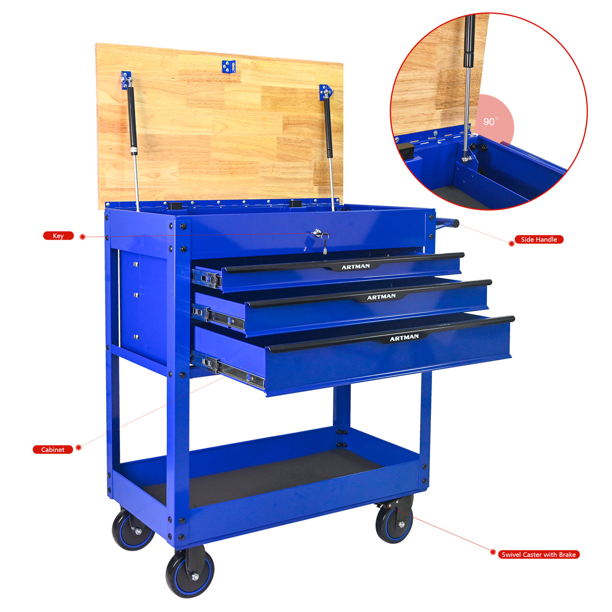 3 DRAWERS MULTIFUNCTIONAL TOOL CART WITH WHEELS AND WOODEN TOP Blue - Image 2
