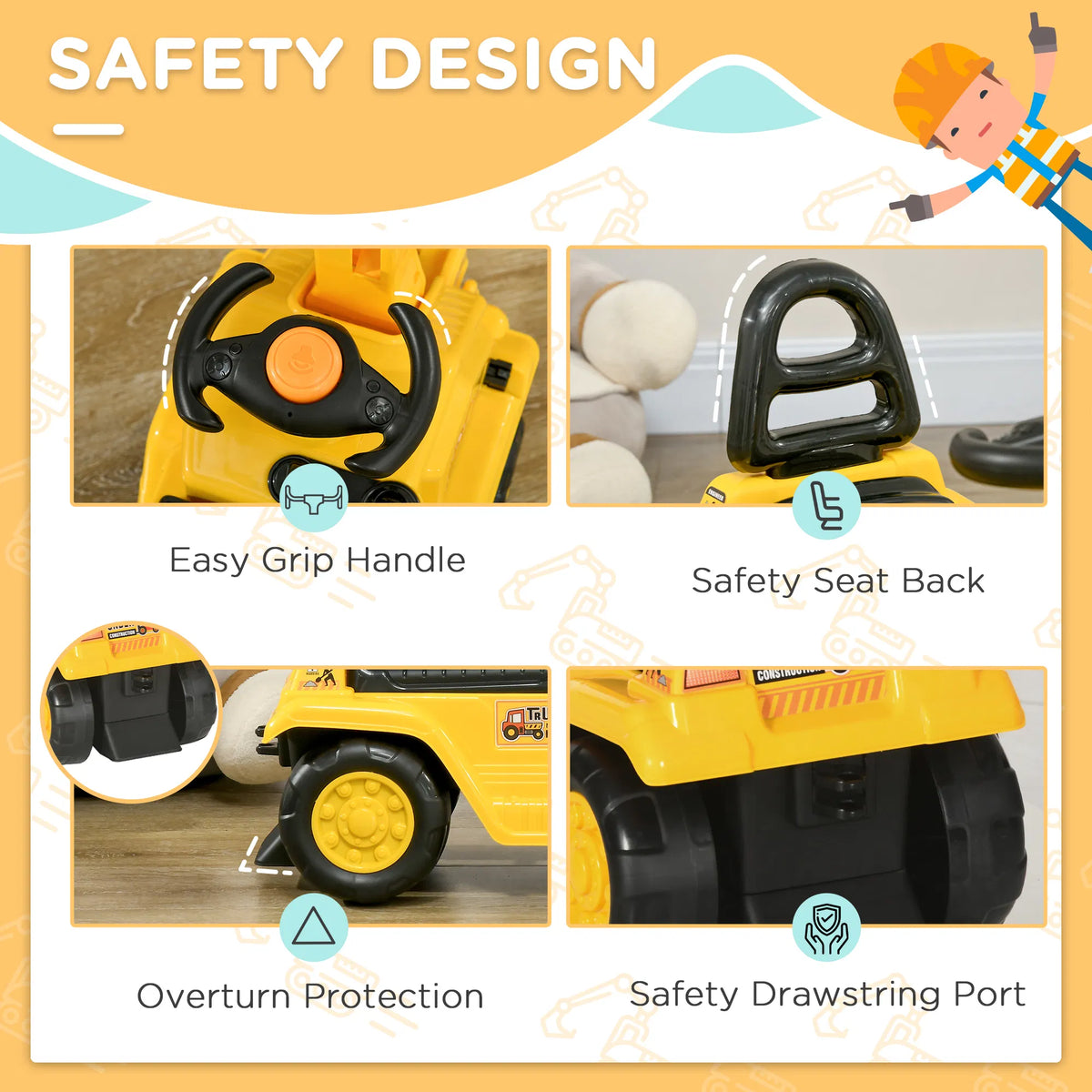 NO POWER 3 in 1 Ride On Toy Excavator Digger Scooter Pulling Cart Pretend Play - Image 4