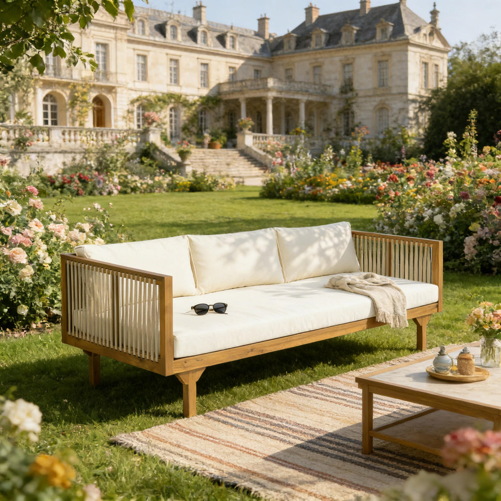 Outdoor Patio Sofa with Acacia Wood Frame and Rope Detail