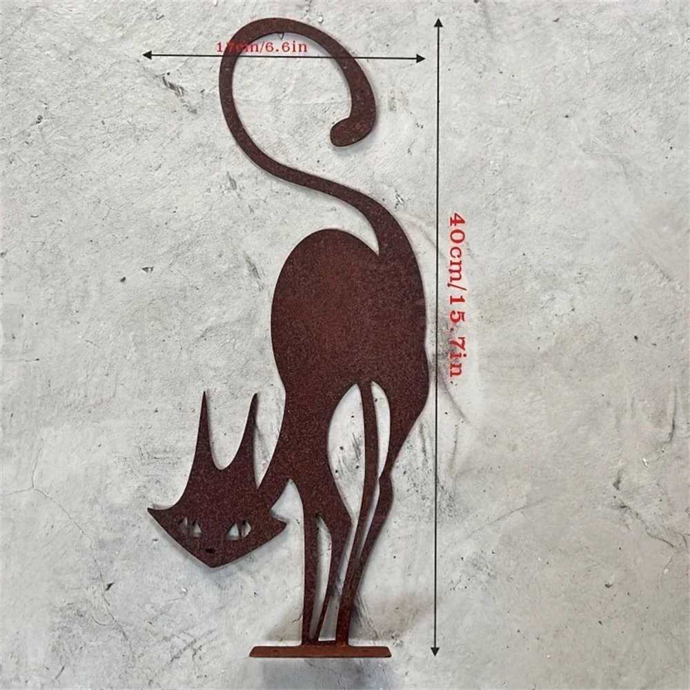 Rust Metal Cat Silhouette Garden Stake Gothic Iron Art Yard Indoor Outdoor Decor